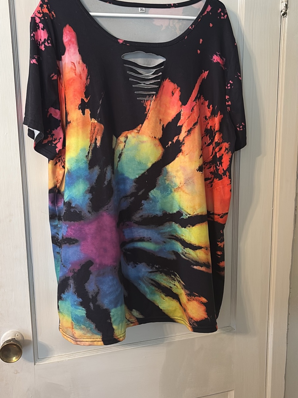 Amazon Essentials Black Tie-Dye Short Sleeve Top with Rainbow Burst